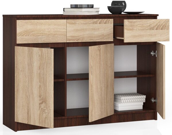 Ak furniture Komoda Karolína 140 cm 3 skrinky a 3 zásuvky wenge/sonoma