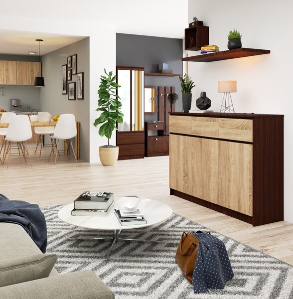 Ak furniture Komoda Karolína 140 cm 3 skrinky a 3 zásuvky wenge/sonoma