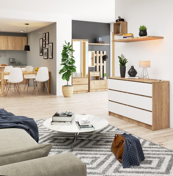 Ak furniture Komoda Kuba 120 cm 6 zásuviek dub sonoma/biela