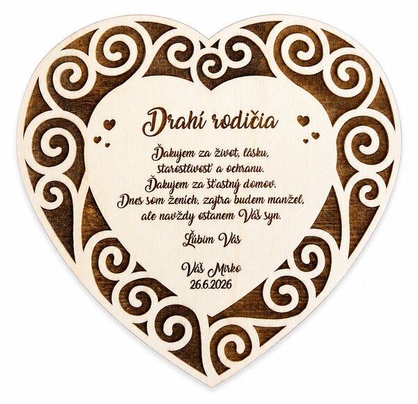Drevené svadobné srdiečko ako poďakovanie rodičom hodnota: variant 2