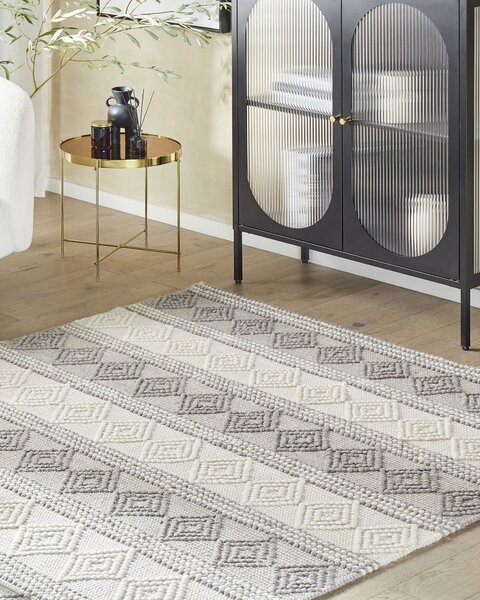 Koberec svetlobéžový a sivý 200 x 200 cm vlna bavlna a polyester ručne tkaný s geometrickým vzorom boho obývacia izba spálňa