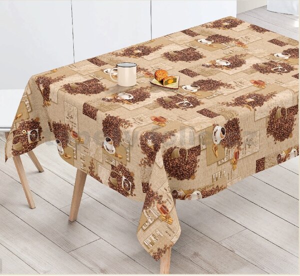 Obrus PVC 178A zrnká kávy s hrnčekmi metráž, 20 m x 140 cm, IMPOL TRADE