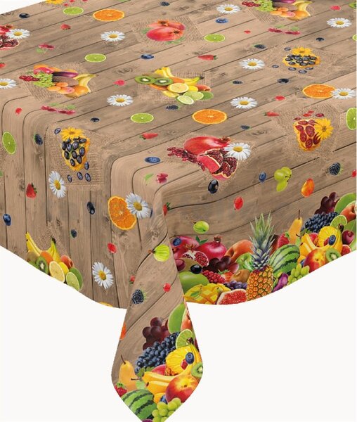 Obrus PVC 194A tropické ovocie na sivom dreve metráž, 20 m x 140 cm, IMPOL TRADE