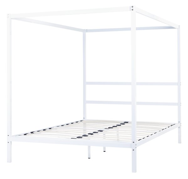 Rám postele s baldachýnom biely kov 160 x 200 cm dvojlôžko preglejkové lamely industriálny minimalistický štýl spálňa