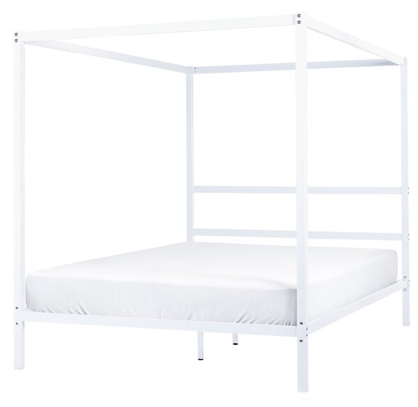 Rám postele s baldachýnom biely kov 160 x 200 cm dvojlôžko preglejkové lamely industriálny minimalistický štýl spálňa