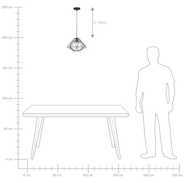 Závesná lampa čierna kovová otvorené tienidlo v tvare diamantu geometrický tvar odhalená žiarovka