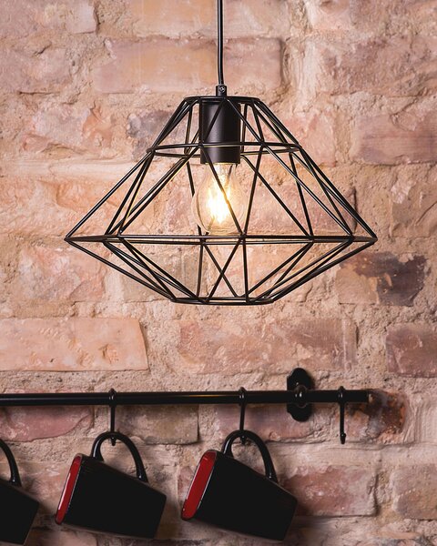 Závesná lampa čierna kovová otvorené tienidlo v tvare diamantu geometrický tvar odhalená žiarovka
