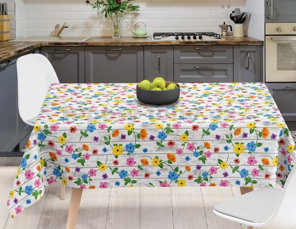 Obrus PVC 200A farebné kvety na drevenom obklade metráž, 20 m x 140 cm, IMPOL TRADE