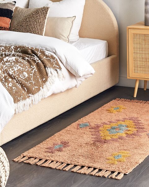 Koberec oranžový bavlnený 80 x 150 cm obdĺžnikový so strapcami geometrický vzor boho orientálny štýl