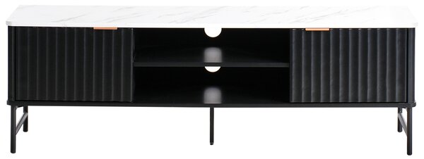 TV stolík čierny MDF 140 x 40 cm mramorový efekt úložné police otvor na káble moderný úložný nábytok obývacia izba