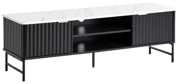 TV stolík čierny MDF 140 x 40 cm mramorový efekt úložné police otvor na káble moderný úložný nábytok obývacia izba