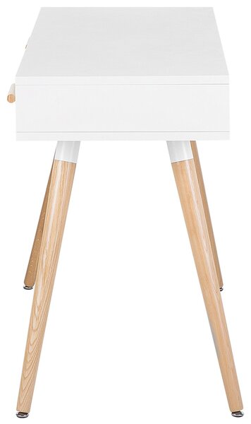 Písací stôl biely 120 x 45 cm 2 sivé zásuvky police nohy z masívneho dreva škandinávsky dizajn