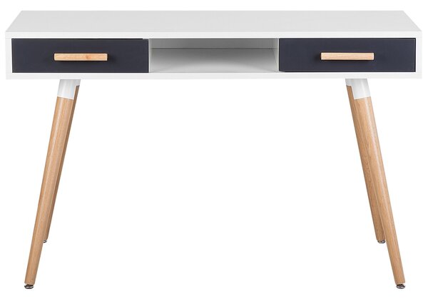 Písací stôl biely 120 x 45 cm 2 sivé zásuvky police nohy z masívneho dreva škandinávsky dizajn
