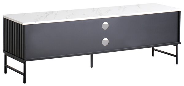 TV stolík čierny MDF 140 x 40 cm mramorový efekt úložné police otvor na káble moderný úložný nábytok obývacia izba