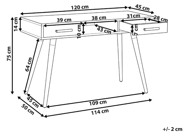 Písací stôl biely 120 x 45 cm 2 sivé zásuvky police nohy z masívneho dreva škandinávsky dizajn