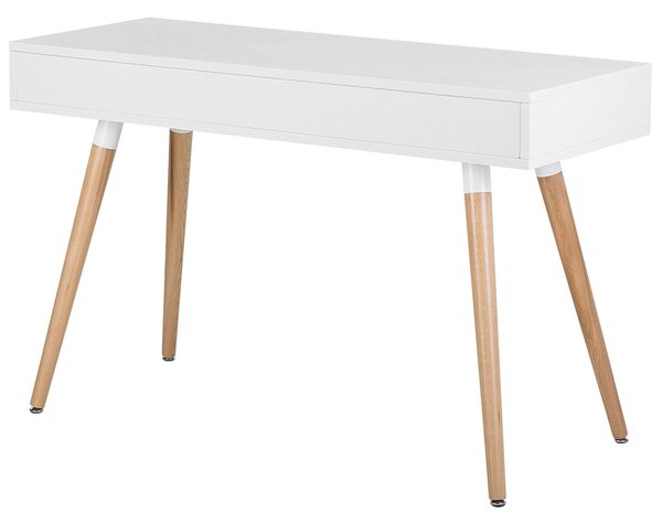 Písací stôl biely 120 x 45 cm 2 sivé zásuvky police nohy z masívneho dreva škandinávsky dizajn