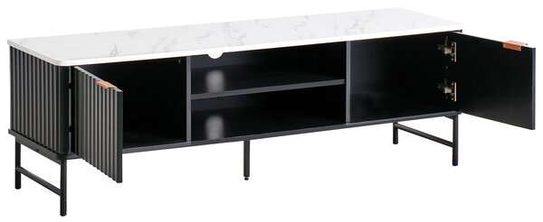 TV stolík čierny MDF 140 x 40 cm mramorový efekt úložné police otvor na káble moderný úložný nábytok obývacia izba