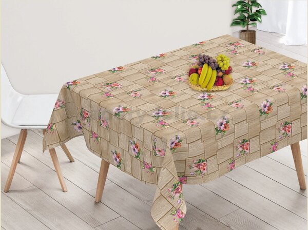 Obrus PVC 145A, metráž, šířka 140 cm, kvety na drevených doskách, IMPOL TRADE