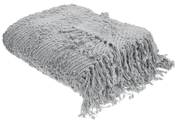 Deka sivá z bavlny a akrylu 200 x 220 cm pletená prikrývka na posteľ so strapcami