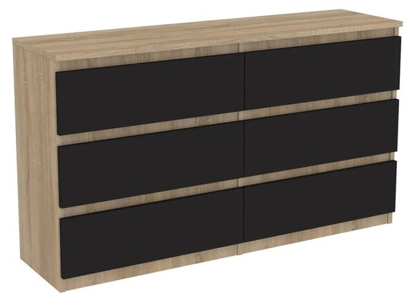 Komoda z dreva Sonoma, s zásuvkami, šírka 140 cm, 6 zásuviek, čelá v čiernej farbe. VÝROBCA: [tu by malo byť meno výrobcu, ak je uvedené v pôvodnom texte]