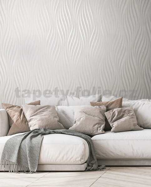 Vliesové tapety na stenu City Glow 34258, rozmer 10,05 m x 0,53 m, vlnovky metalicky biele na bielom podklade, A.S.Création
