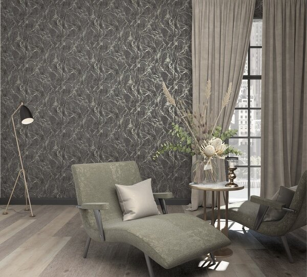 Vliesové tapety na stenu City Glow 34257, rozmer 10,05 m x 0,53 m, moderná stierka metalicky niklová na tmavo sivom podklade, A.S.Création