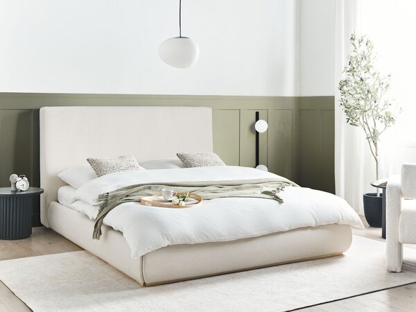 Posteľ s úložným priestorom svetlobéžová látkové čalúnenie polyester 160 x 200 cm s čelom moderný štýl spálňa