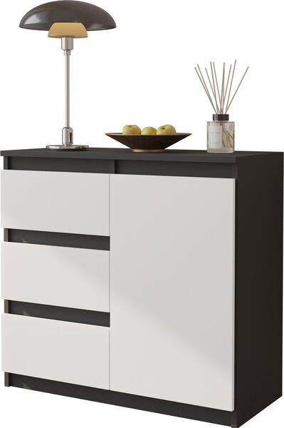 FURNICA - MIKEL - Komoda s 3 zásuvkami a 1 dvierkami - antracitovo sivá / biela matná V75cm Š80cm H35cm