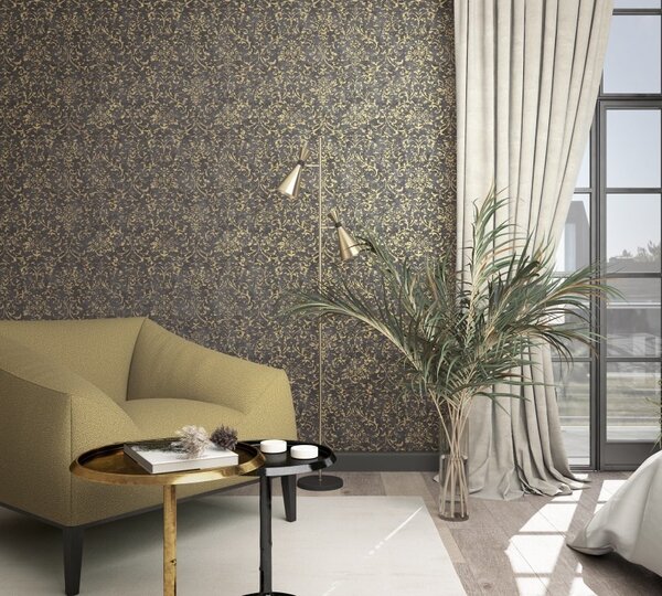 Vliesové tapety na stenu City Glow 34297, rozmer 10,05 m x 0,53 m, zámocký vzor zlatý na čiernom podklade, A.S.Création