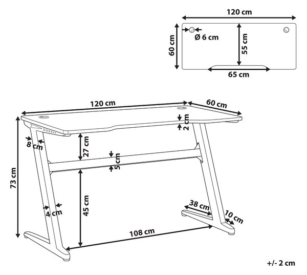 Herný stôl čierna MDF kov 120 x 60 cm obdĺžnikový stôl RGB LED svetlá moderný štýl kancelária