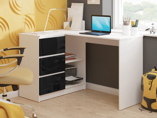 Ak furniture Rohový písací stôl B16 124 cm biely/čierny lesk ľavý