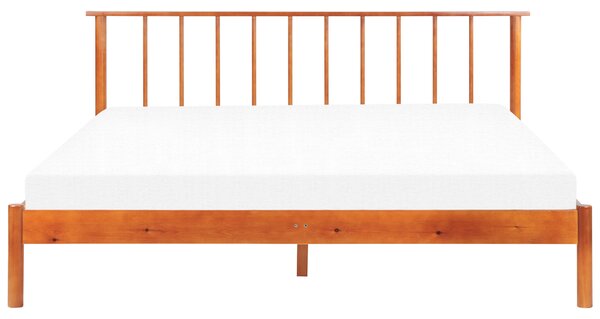 Posteľ svetlé borovicové drevo 180 x 200 cm dvojlôžko s lamelovým čelom a roštom minimalistický rustikálny štýl