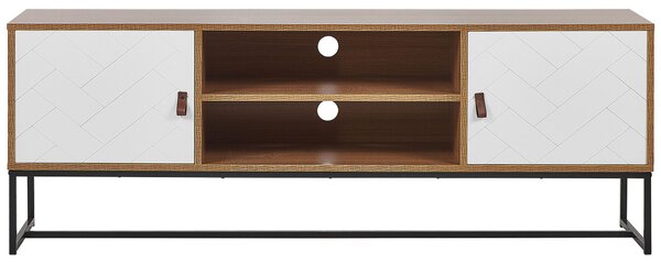 TV skrinka svetlé drevo biela MDF kov 55 x 150 x 40 cm TV stolík 2 police 2 skrinky úložný priestor moderný štýl obývačka