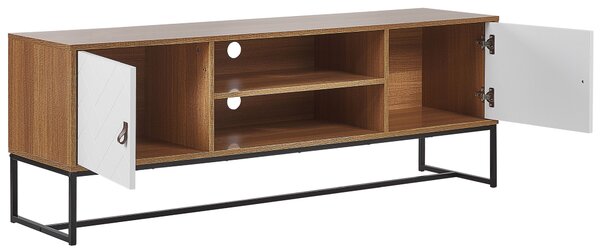 TV skrinka svetlé drevo biela MDF kov 55 x 150 x 40 cm TV stolík 2 police 2 skrinky úložný priestor moderný štýl obývačka
