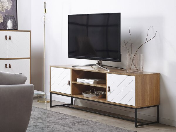 TV skrinka svetlé drevo biela MDF kov 55 x 150 x 40 cm TV stolík 2 police 2 skrinky úložný priestor moderný štýl obývačka
