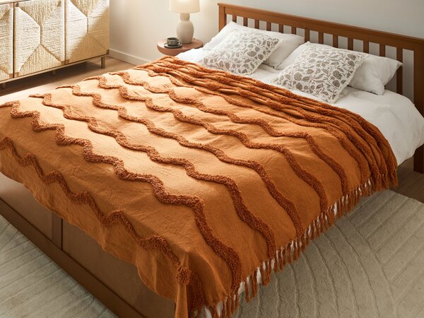 Deka oranžová bavlnená 200 x 200 cm geometrický vzor pletená prikrývka boho dekorácia obývacia izba spálňa