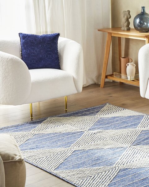 Koberec svetlobéžový a modrý 200 x 200 cm vlna a polyester ručne tkaný s geometrickým vzorom boho obývacia izba spálňa