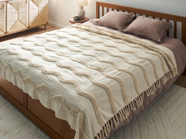 Deka béžová bavlnená 200 x 200 cm geometrický vzor pletená prikrývka boho dekorácia obývacia izba spálňa