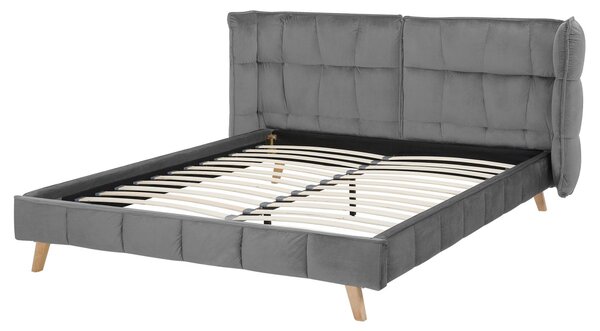 Posteľ sivá zamatové čalúnenie 160 x 200 cm prešívaná nohy zo svetlého dreva lamelový rošt nastaviteľné čelo moderný štýl spálňa