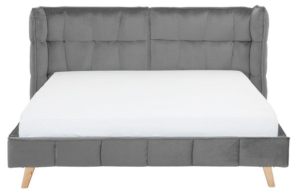 Posteľ sivá zamatové čalúnenie 160 x 200 cm prešívaná nohy zo svetlého dreva lamelový rošt nastaviteľné čelo moderný štýl spálňa