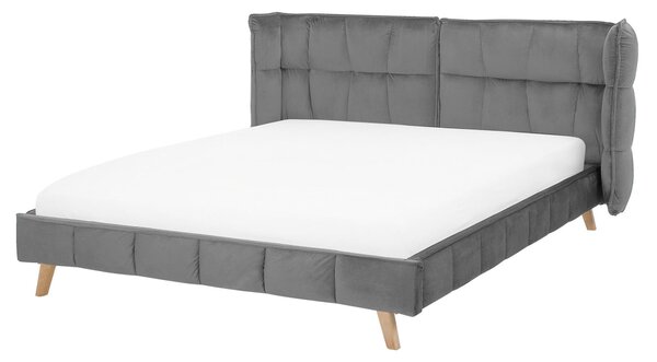 Posteľ sivá zamatové čalúnenie 160 x 200 cm prešívaná nohy zo svetlého dreva lamelový rošt nastaviteľné čelo moderný štýl spálňa