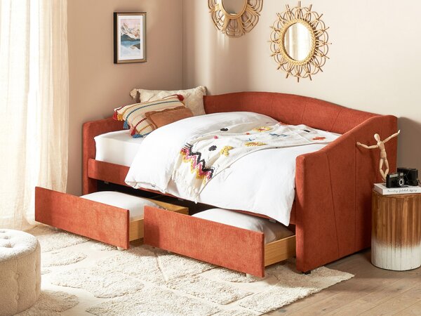 Posteľ červená 90 x 200 cm polyesterové čalúnenie lamelový rošt eukalyptové drevo zásuvky z preglejky moderný štýl spálňa