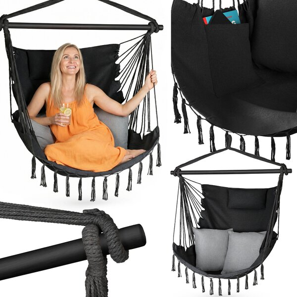Outtec® Závesné kreslo s 2 vankúšmi - 100x130x75cm, do 140 kg - Boho kreslo s strapcami, beanbag, hojdačka pre exteriér, záhradu, balkón, domácnosť - čierna