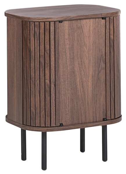 Nočný stolík tmavohnedý čierne nohy MDF kov 40 x 30 cm retro štýl posuvné dvierka obývacia izba
