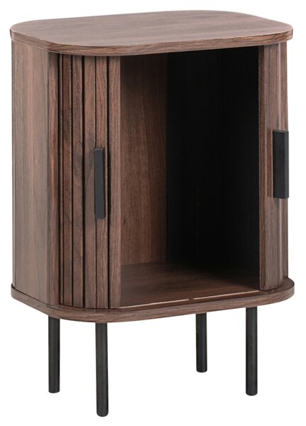 Nočný stolík tmavohnedý čierne nohy MDF kov 40 x 30 cm retro štýl posuvné dvierka obývacia izba