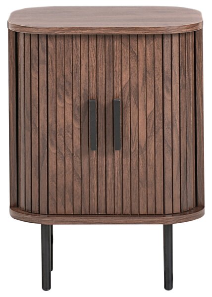 Nočný stolík tmavohnedý čierne nohy MDF kov 40 x 30 cm retro štýl posuvné dvierka obývacia izba