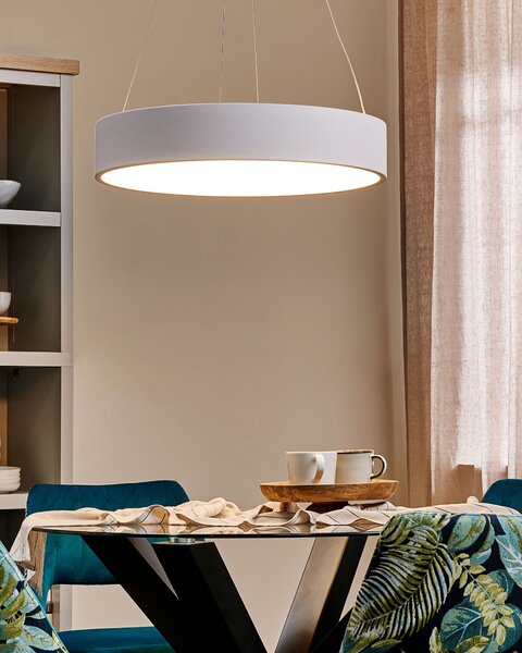 Závesná lampa biela oceľová integrované LED svetlo okrúhle elegantné svietidlo moderný glamour dizajn