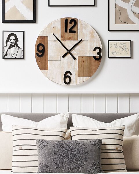 Nástenné hodiny svetlé drevo okrúhle 60 cm ručne vyrobené rustikálny minimalistický štýl