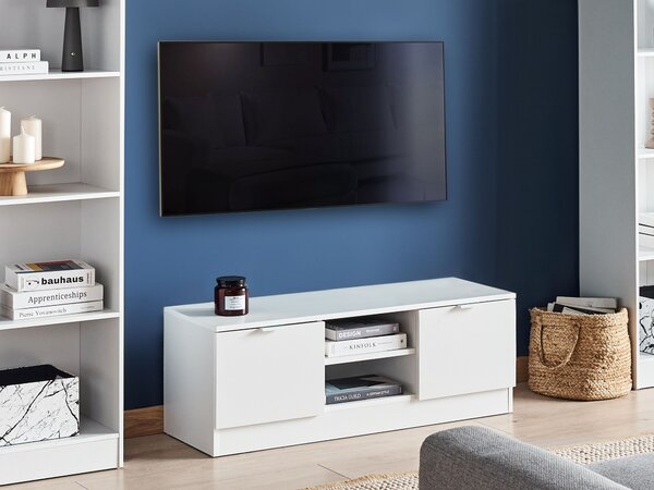 TV stolík biely drevotrieska 102 cm 2 skrinky 2 police úložný nábytok škandinávsky dizajn obývacia izba