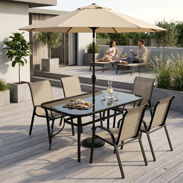 MultiGarden Záhradný stôl 160x90 cm z tvrdeného skla s otvorom na slnečník - čierny MultiGarden